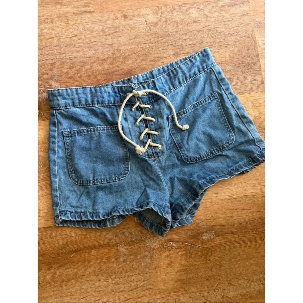 Western High Waist Blue Denim Lace-Up Front Pocket Shorts